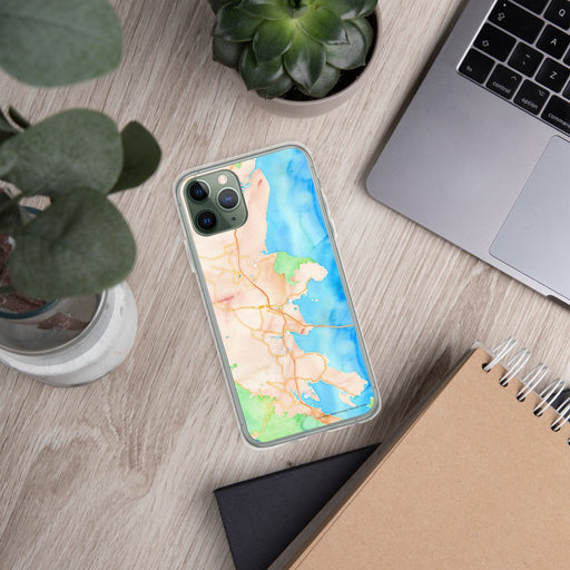 Custom San Rafael California Map Phone Case in Watercolor on Table with Laptop and Plant