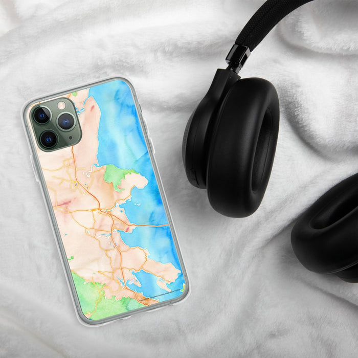 Custom San Rafael California Map Phone Case in Watercolor on Table with Black Headphones