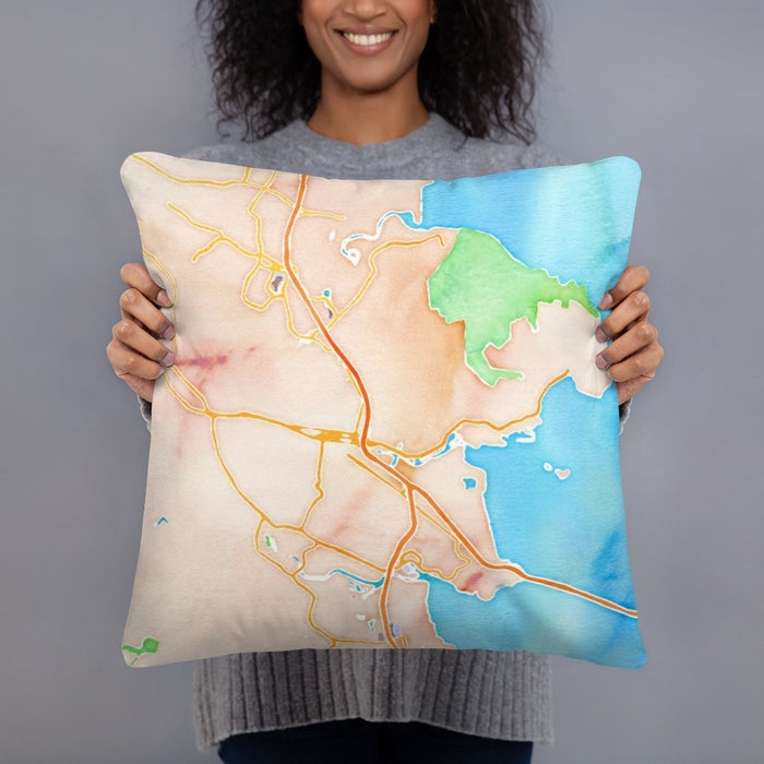 Person holding 18x18 Custom San Rafael California Map Throw Pillow in Watercolor
