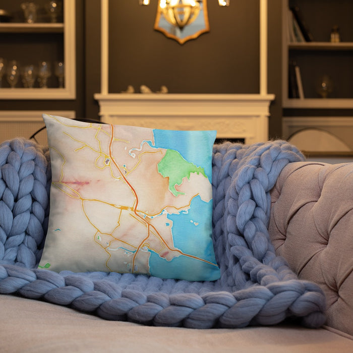 Custom San Rafael California Map Throw Pillow in Watercolor on Cream Colored Couch