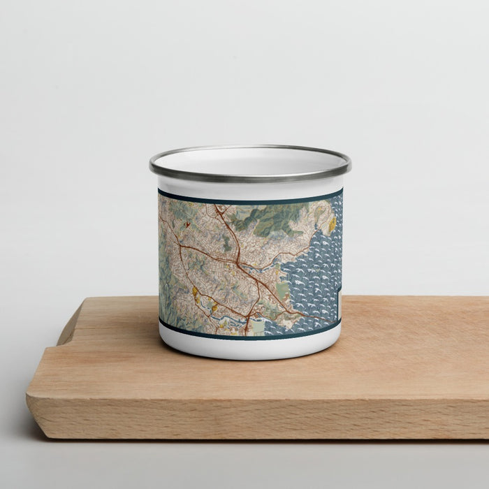Front View Custom San Rafael California Map Enamel Mug in Woodblock on Cutting Board