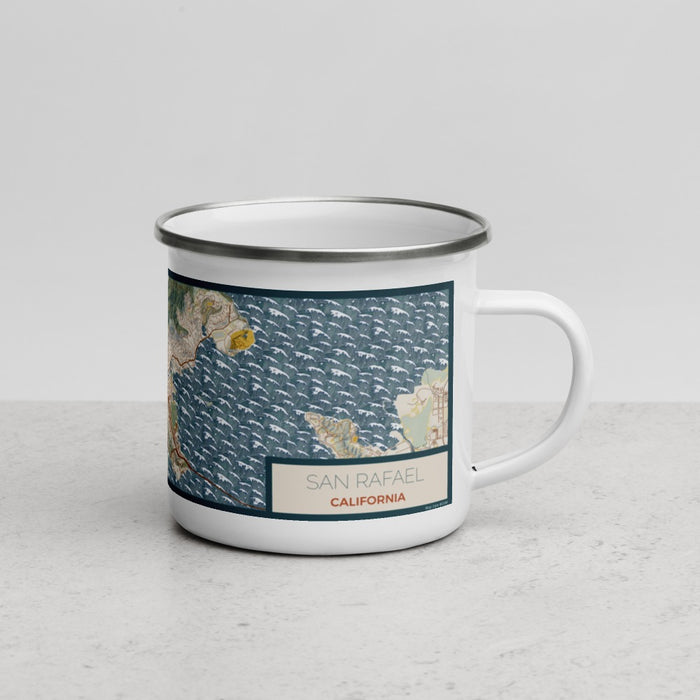 Right View Custom San Rafael California Map Enamel Mug in Woodblock