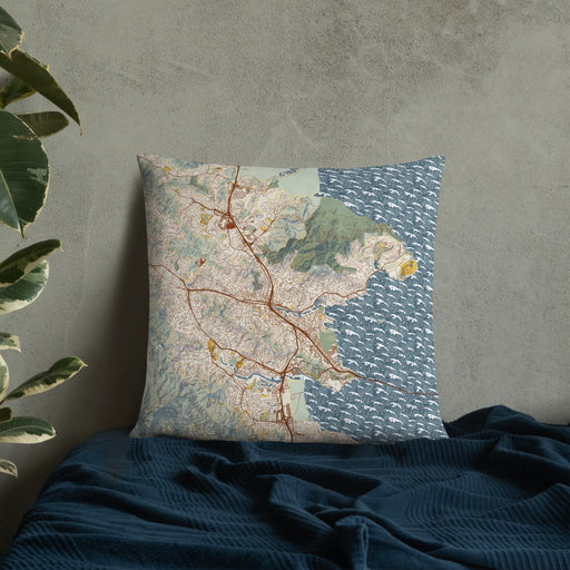 Custom San Rafael California Map Throw Pillow in Woodblock on Bedding Against Wall