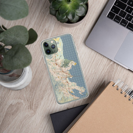 Custom San Rafael California Map Phone Case in Woodblock on Table with Laptop and Plant