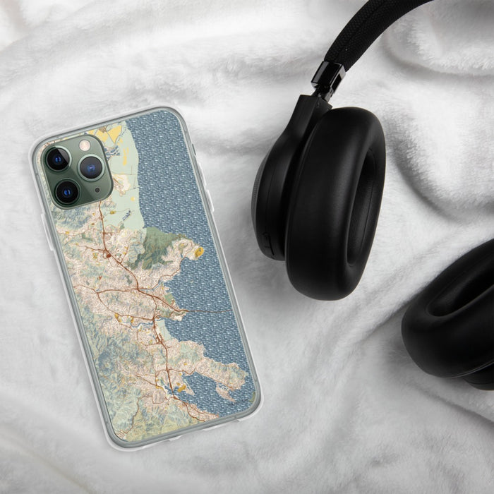 Custom San Rafael California Map Phone Case in Woodblock on Table with Black Headphones
