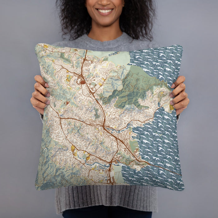 Person holding 18x18 Custom San Rafael California Map Throw Pillow in Woodblock