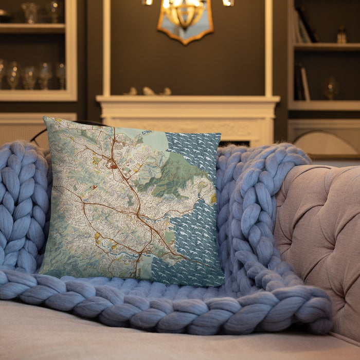 Custom San Rafael California Map Throw Pillow in Woodblock on Cream Colored Couch