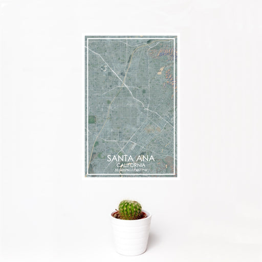 12x18 Santa Ana California Map Print Portrait Orientation in Afternoon Style With Small Cactus Plant in White Planter