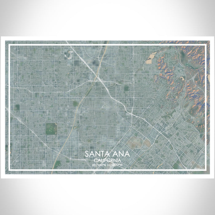 Santa Ana California Map Print Landscape Orientation in Afternoon Style With Shaded Background