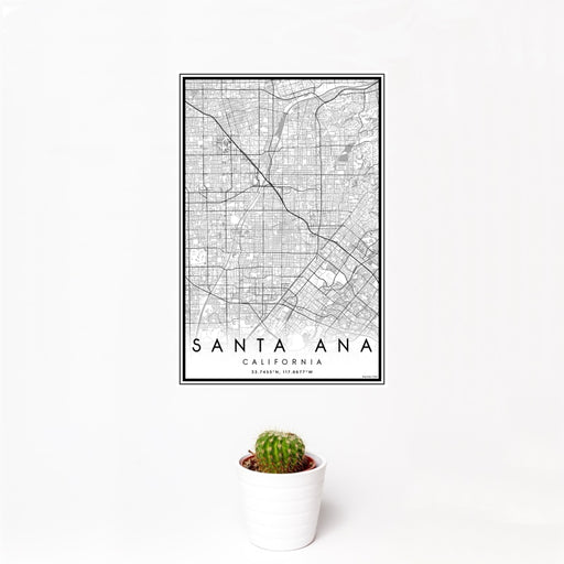 12x18 Santa Ana California Map Print Portrait Orientation in Classic Style With Small Cactus Plant in White Planter