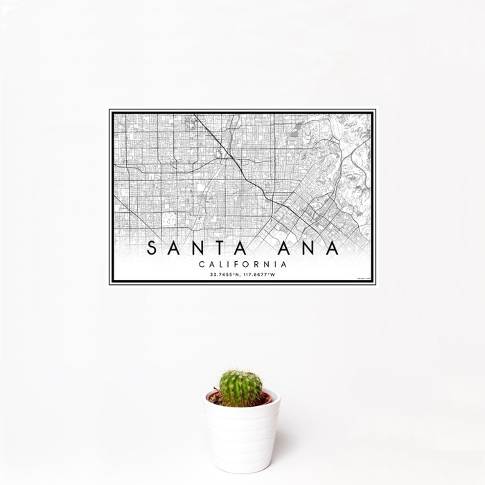 12x18 Santa Ana California Map Print Landscape Orientation in Classic Style With Small Cactus Plant in White Planter