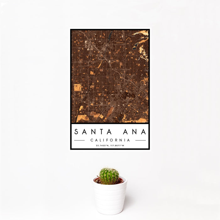 12x18 Santa Ana California Map Print Portrait Orientation in Ember Style With Small Cactus Plant in White Planter