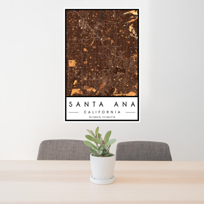 24x36 Santa Ana California Map Print Portrait Orientation in Ember Style Behind 2 Chairs Table and Potted Plant