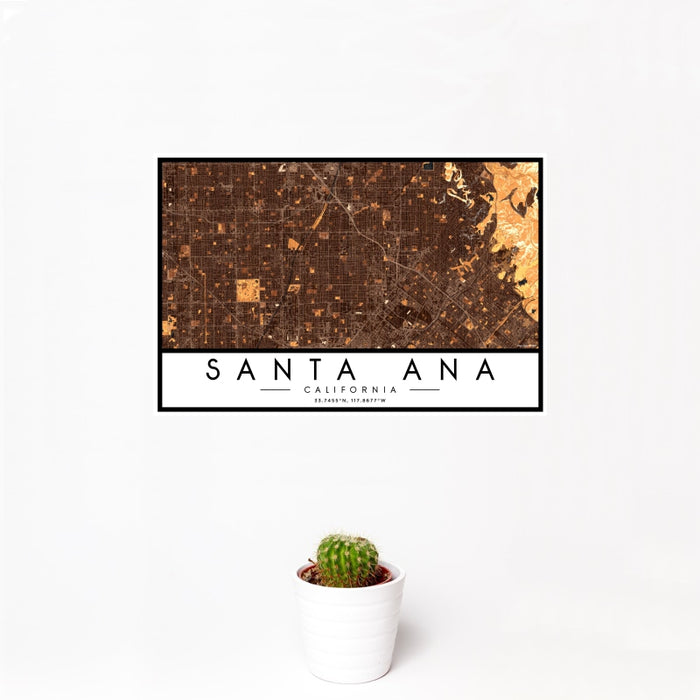 12x18 Santa Ana California Map Print Landscape Orientation in Ember Style With Small Cactus Plant in White Planter
