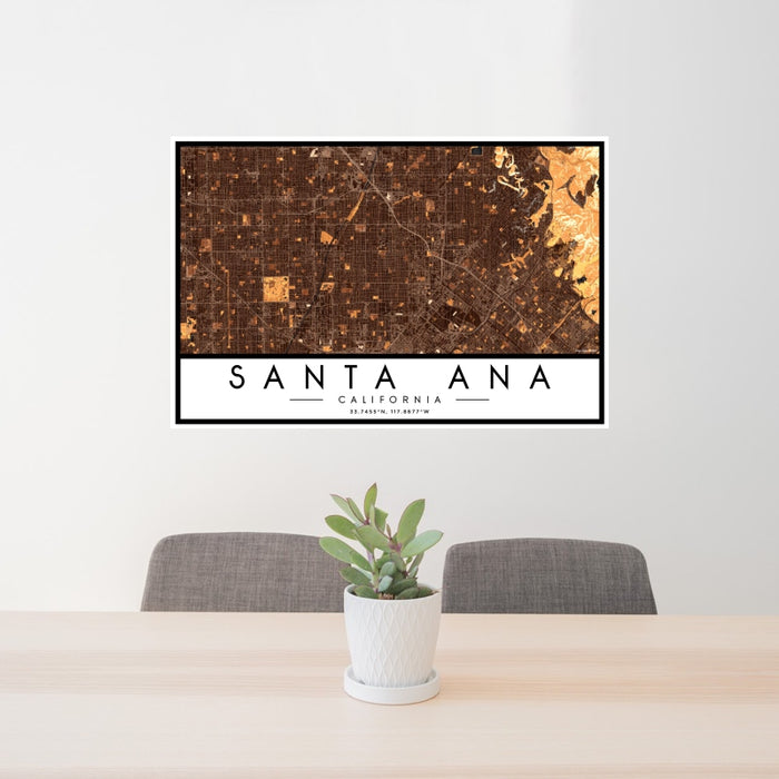 24x36 Santa Ana California Map Print Landscape Orientation in Ember Style Behind 2 Chairs Table and Potted Plant