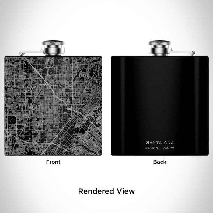 Rendered View of Santa Ana California Map Engraving on 6oz Stainless Steel Flask in Black
