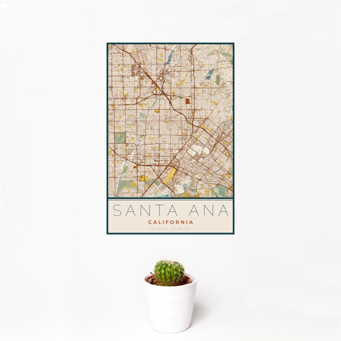 12x18 Santa Ana California Map Print Portrait Orientation in Woodblock Style With Small Cactus Plant in White Planter