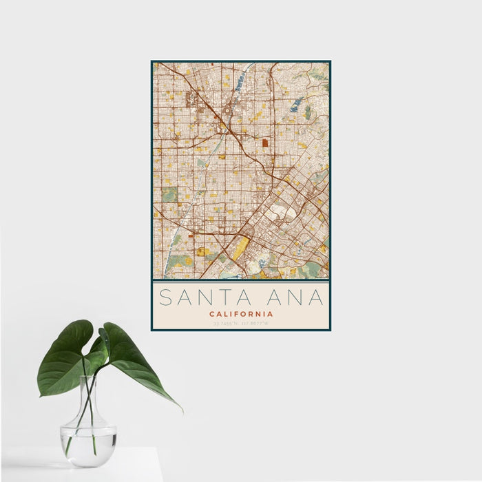 16x24 Santa Ana California Map Print Portrait Orientation in Woodblock Style With Tropical Plant Leaves in Water