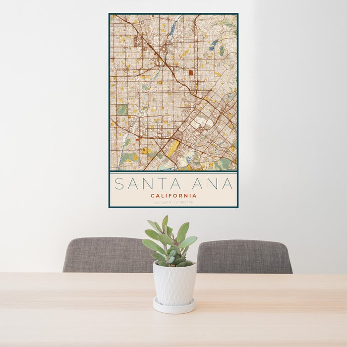 24x36 Santa Ana California Map Print Portrait Orientation in Woodblock Style Behind 2 Chairs Table and Potted Plant