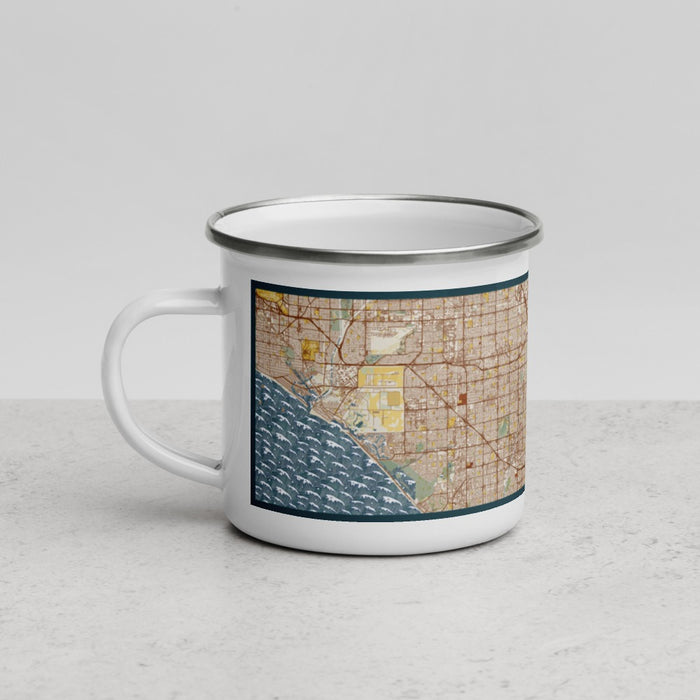 Left View Custom Santa Ana California Map Enamel Mug in Woodblock