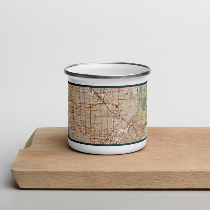 Front View Custom Santa Ana California Map Enamel Mug in Woodblock on Cutting Board