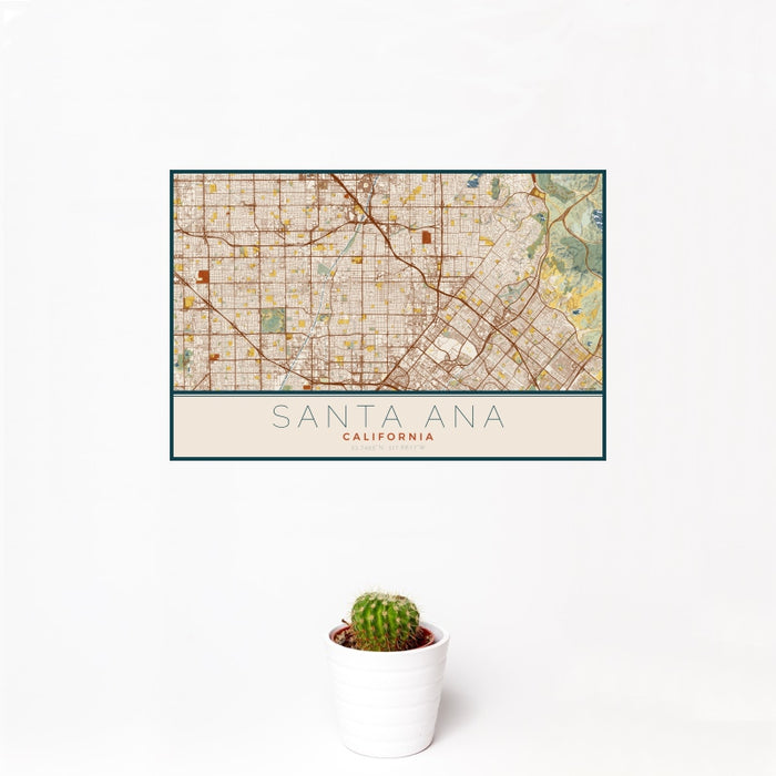 12x18 Santa Ana California Map Print Landscape Orientation in Woodblock Style With Small Cactus Plant in White Planter