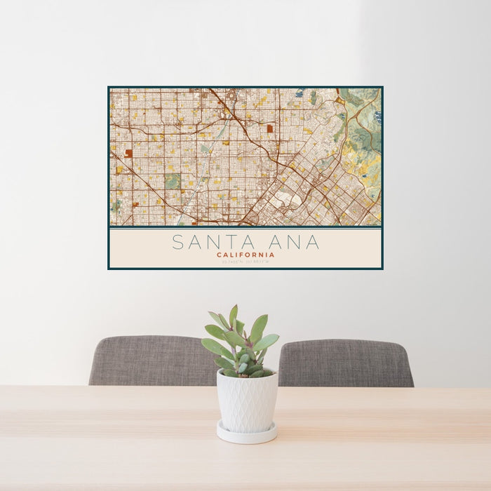 24x36 Santa Ana California Map Print Landscape Orientation in Woodblock Style Behind 2 Chairs Table and Potted Plant