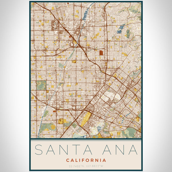 Santa Ana California Map Print Portrait Orientation in Woodblock Style With Shaded Background