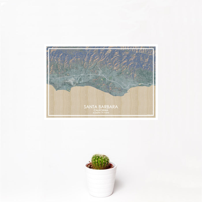12x18 Santa Barbara California Map Print Landscape Orientation in Afternoon Style With Small Cactus Plant in White Planter