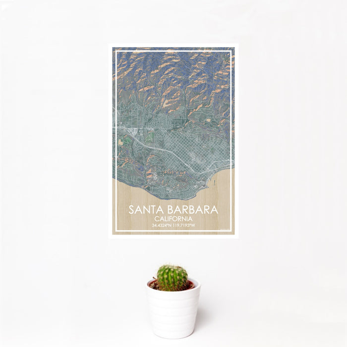 12x18 Santa Barbara California Map Print Portrait Orientation in Afternoon Style With Small Cactus Plant in White Planter
