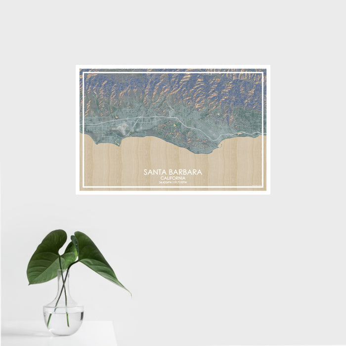 16x24 Santa Barbara California Map Print Landscape Orientation in Afternoon Style With Tropical Plant Leaves in Water