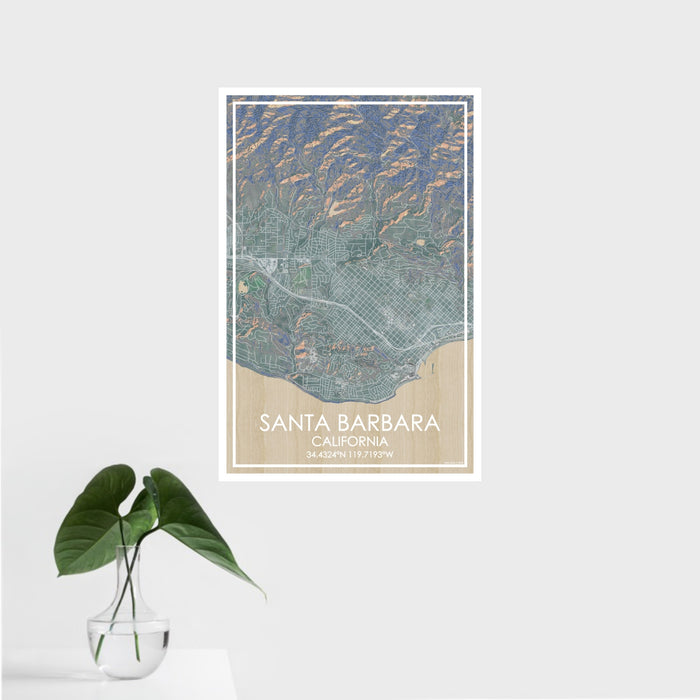 16x24 Santa Barbara California Map Print Portrait Orientation in Afternoon Style With Tropical Plant Leaves in Water