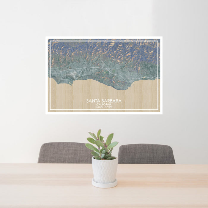 24x36 Santa Barbara California Map Print Lanscape Orientation in Afternoon Style Behind 2 Chairs Table and Potted Plant