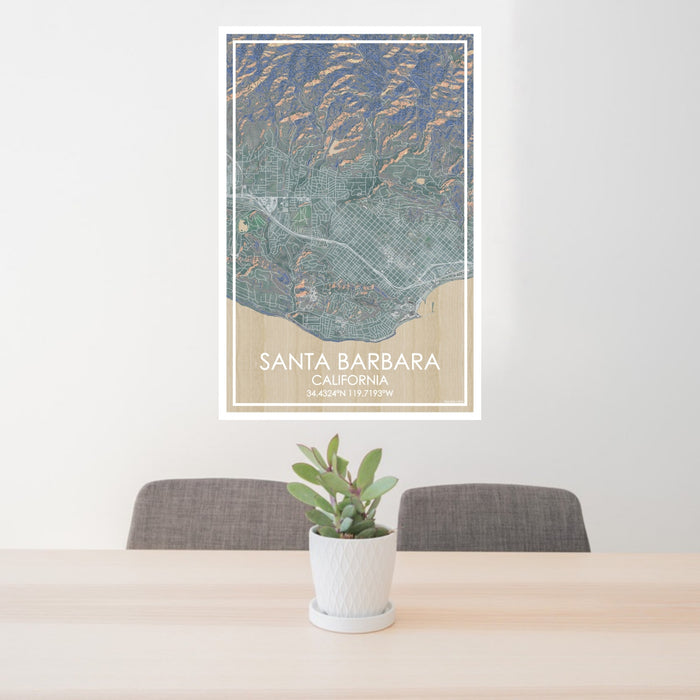 24x36 Santa Barbara California Map Print Portrait Orientation in Afternoon Style Behind 2 Chairs Table and Potted Plant