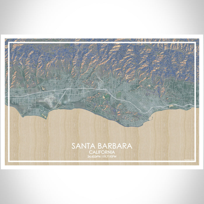 Santa Barbara California Map Print Landscape Orientation in Afternoon Style With Shaded Background