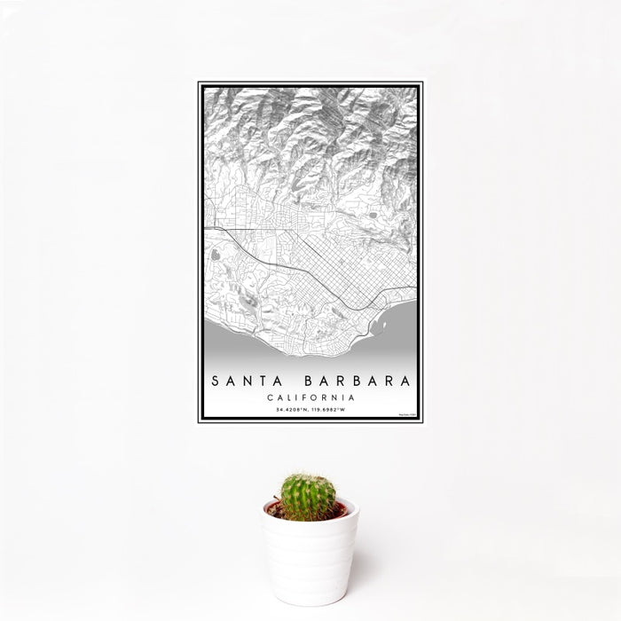 12x18 Santa Barbara California Map Print Portrait Orientation in Classic Style With Small Cactus Plant in White Planter