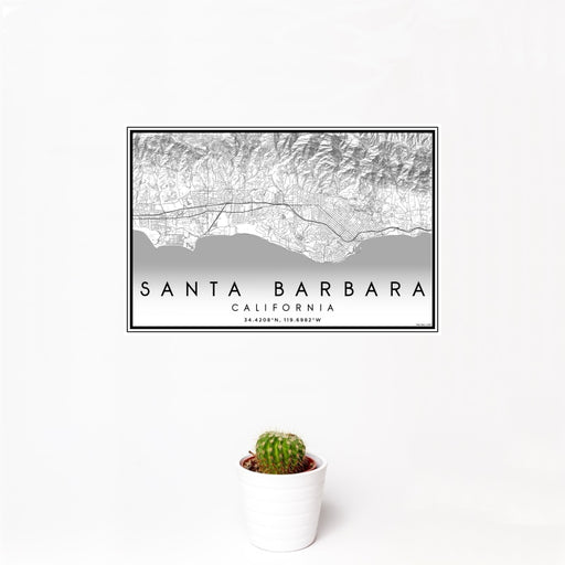 12x18 Santa Barbara California Map Print Landscape Orientation in Classic Style With Small Cactus Plant in White Planter