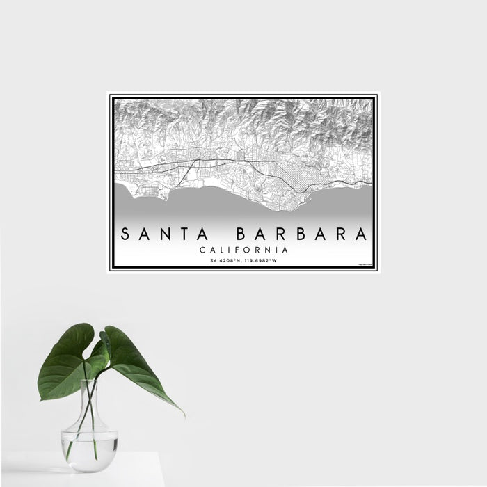 16x24 Santa Barbara California Map Print Landscape Orientation in Classic Style With Tropical Plant Leaves in Water