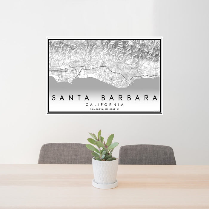 24x36 Santa Barbara California Map Print Landscape Orientation in Classic Style Behind 2 Chairs Table and Potted Plant