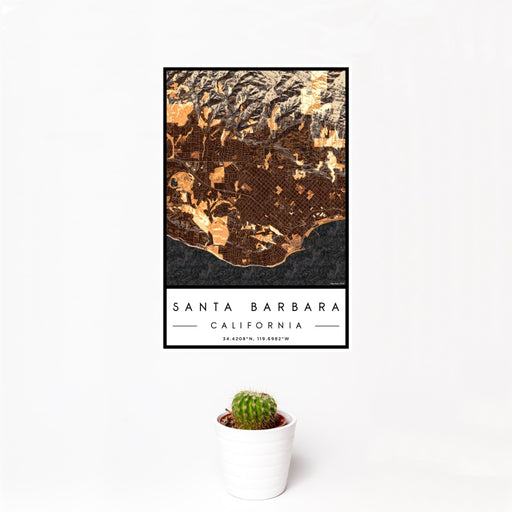 12x18 Santa Barbara California Map Print Portrait Orientation in Ember Style With Small Cactus Plant in White Planter