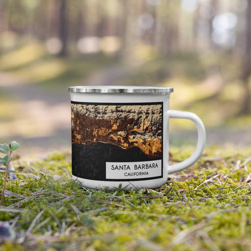 Right View Custom Santa Barbara California Map Enamel Mug in Ember on Grass With Trees in Background