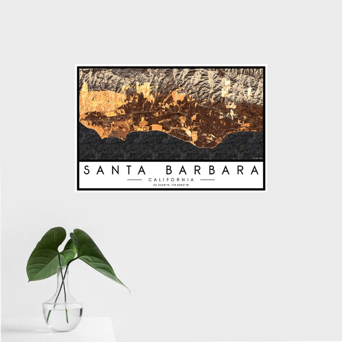 16x24 Santa Barbara California Map Print Landscape Orientation in Ember Style With Tropical Plant Leaves in Water