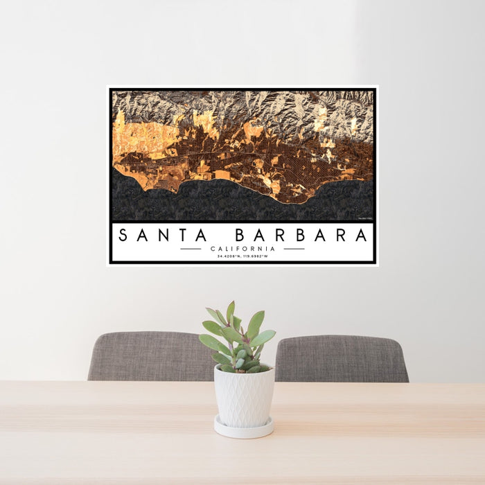 24x36 Santa Barbara California Map Print Landscape Orientation in Ember Style Behind 2 Chairs Table and Potted Plant