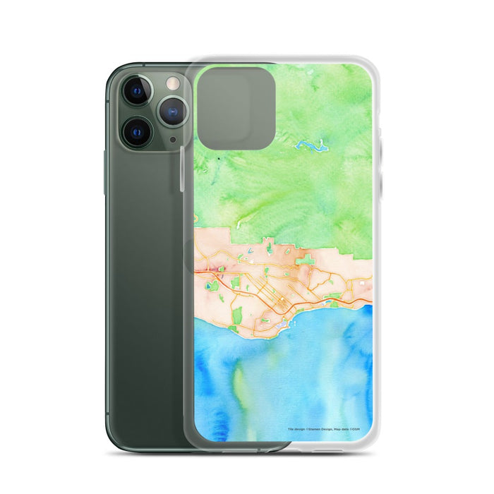 Custom Santa Barbara California Map Phone Case in Watercolor on Table with Laptop and Plant