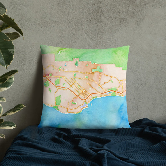 Custom Santa Barbara California Map Throw Pillow in Watercolor on Bedding Against Wall