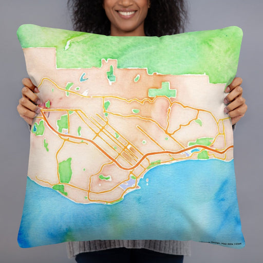 Person holding 22x22 Custom Santa Barbara California Map Throw Pillow in Watercolor