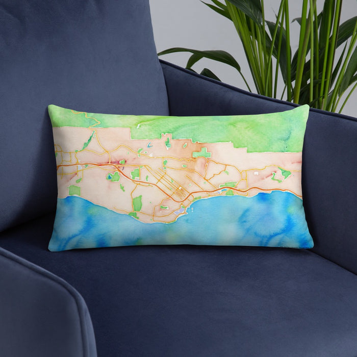 Custom Santa Barbara California Map Throw Pillow in Watercolor on Blue Colored Chair