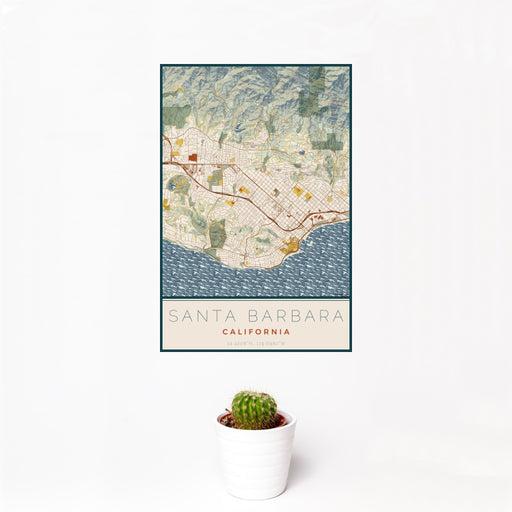 12x18 Santa Barbara California Map Print Portrait Orientation in Woodblock Style With Small Cactus Plant in White Planter