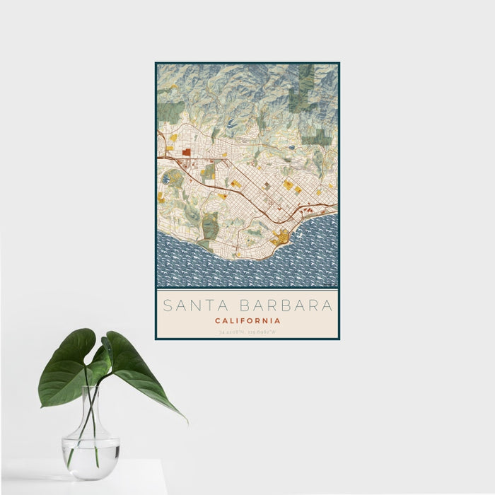 16x24 Santa Barbara California Map Print Portrait Orientation in Woodblock Style With Tropical Plant Leaves in Water
