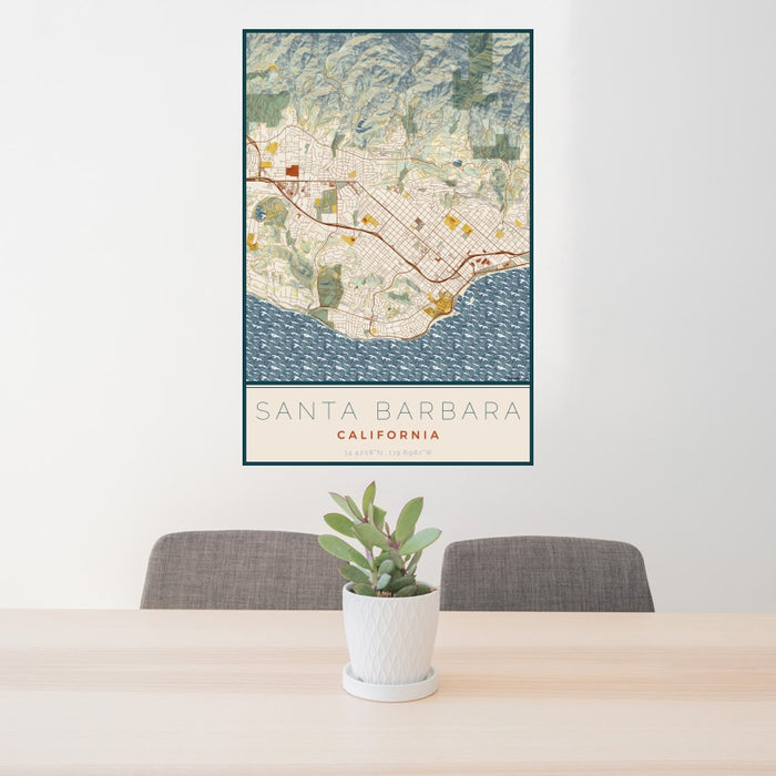 24x36 Santa Barbara California Map Print Portrait Orientation in Woodblock Style Behind 2 Chairs Table and Potted Plant